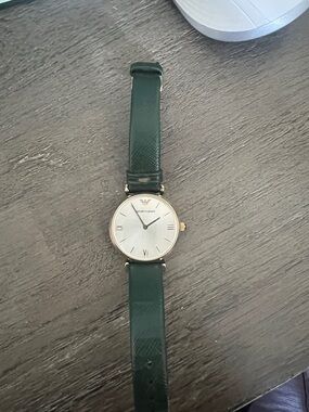 Emporio Armani Gold-Tone Case with Dark Green Leather Strap Women's Watch